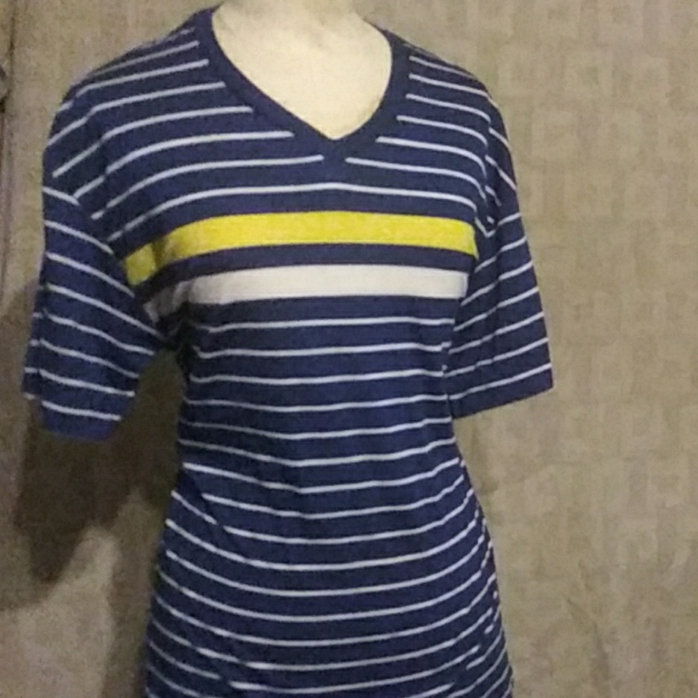 Dark blue, yellow, and white t-shirt